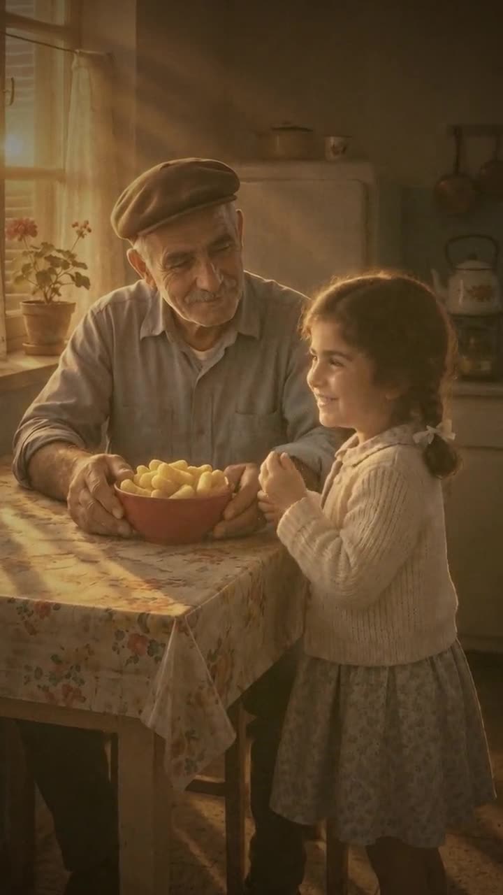 סבא ונכדה במטבח עם קערת במבה